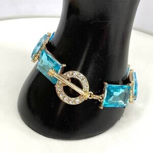 NEW 8" Chunky Bracelet Blue Topaz Aqua Rhinestones Square Stones F023
